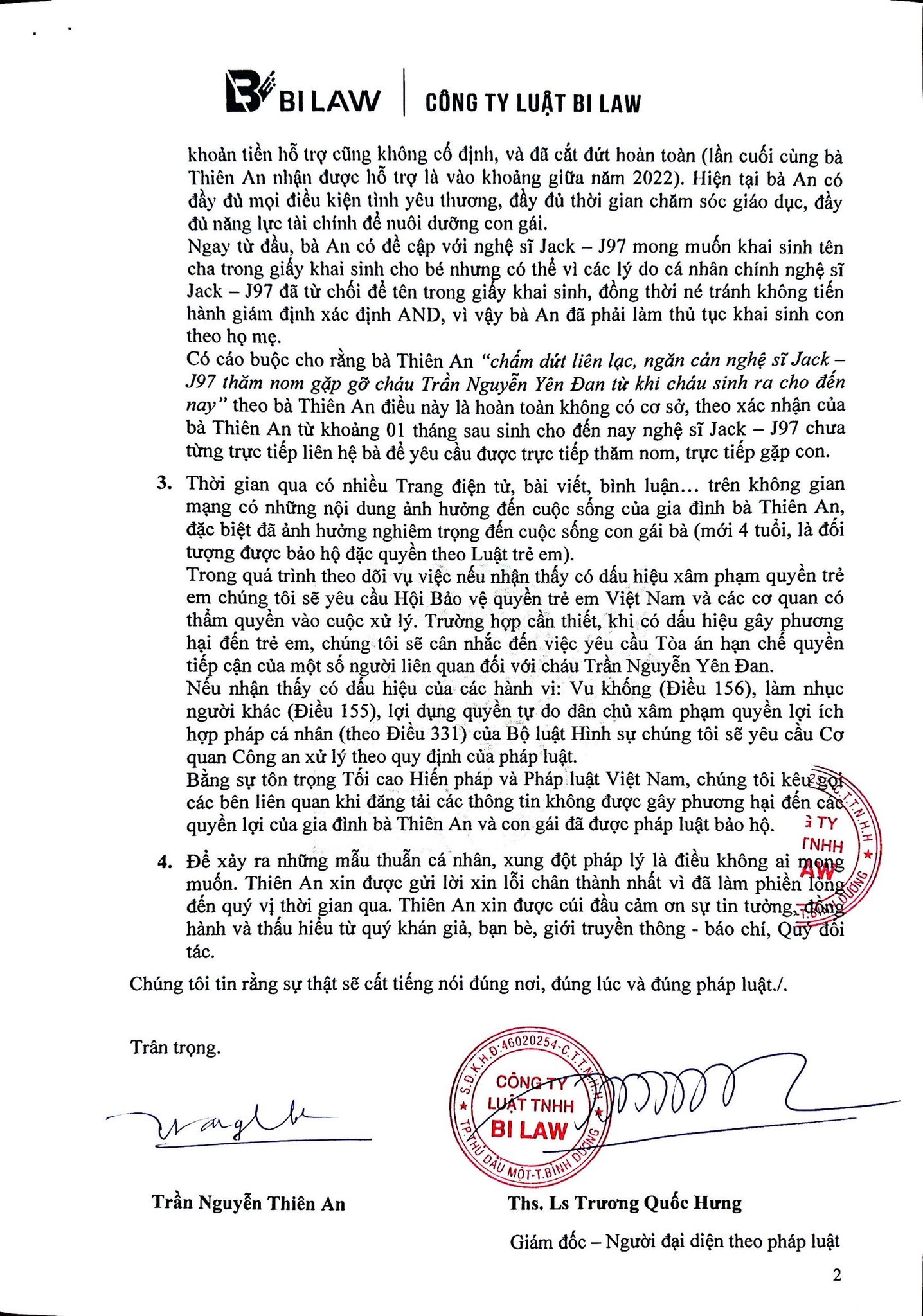 NÓNG: Thiên An chính thức lên tiếng về cáo buộc ngăn cản Jack gặp con, sẽ nhờ cơ quan chức năng vào cuộc- Ảnh 2.
