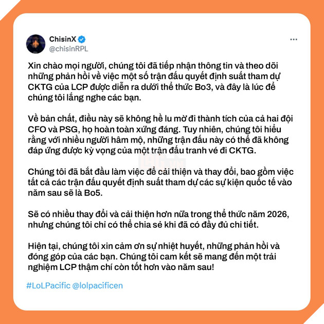 LCP 2025: Thong Bao Tu Dai Dien Riot Ve Van De Danh BO3 Tranh Ve Di CKTG 2025 5 LCP 2025: Thông Báo Từ Đại Diện Riot Về Vấn Đề Đánh BO3 Tranh Vé Đi CKTG 2025 5