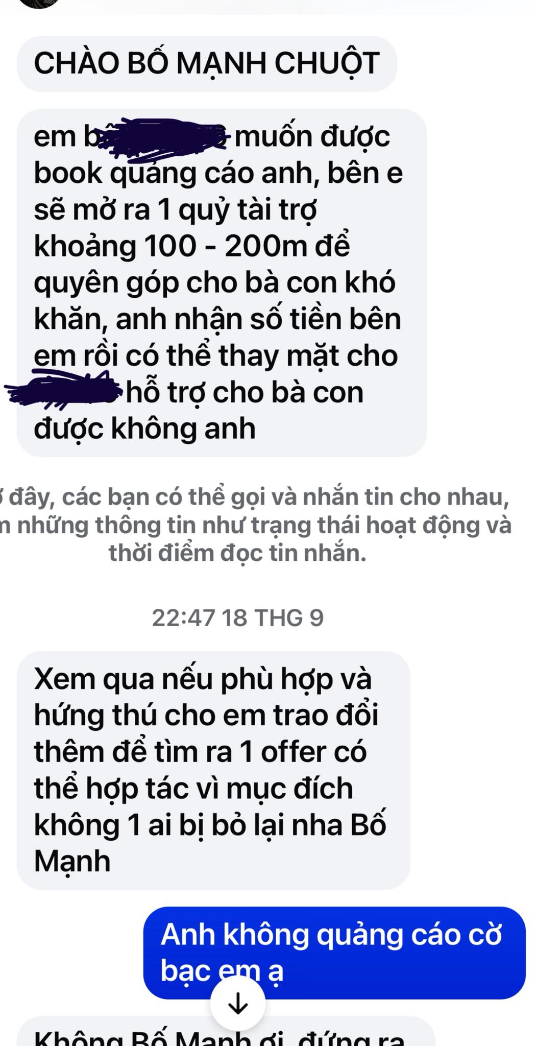 Duy Mạnh công khai tin nhắn bị web cá độ trả tiền mời quảng cáo- Ảnh 1.