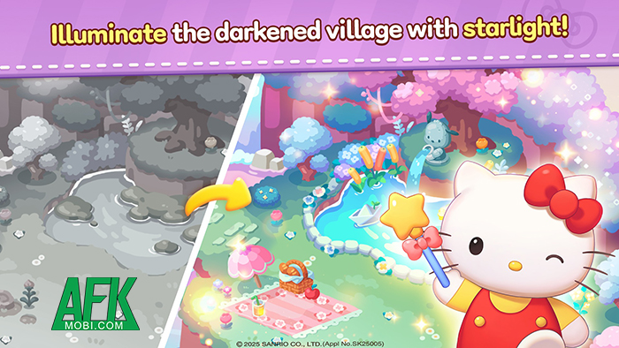 Xây dựng lại ngôi làng đổ nát trong game casual giải đố match-3 Hello Kitty Friends Match 1