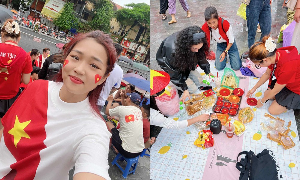 Chị Chi cùng nhóm bạn hào hứng bày mâm cỗ trên vỉa hè