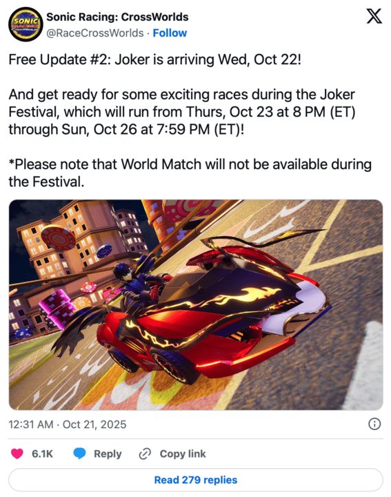 Sonic Racing: Joker từ Persona ra mắt ngày 22/10 cùng lễ hội đặc biệt Sonic Racing: Joker từ Persona ra mắt ngày 22/10 cùng lễ hội đặc biệt