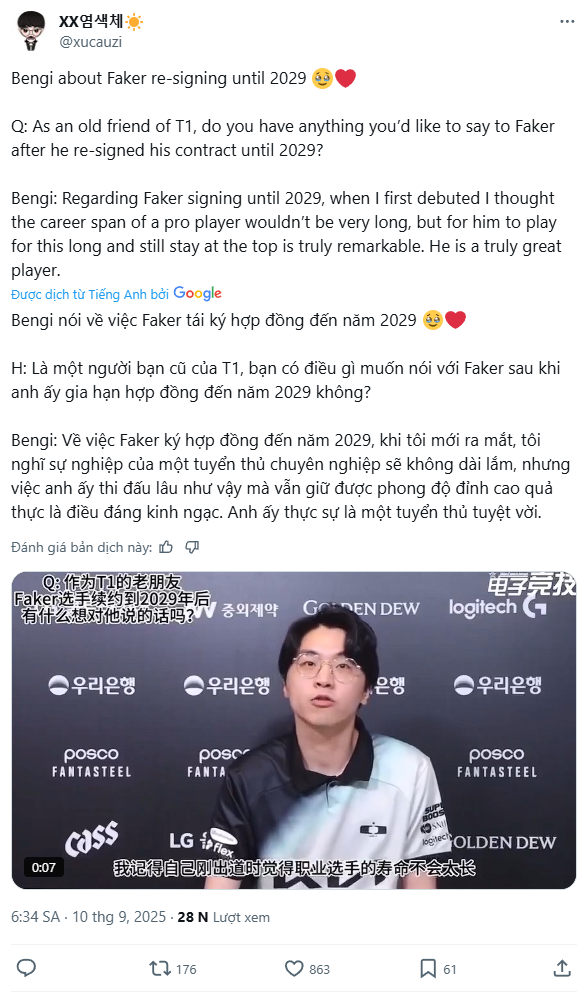 Bengi nhận định về bản hợp đồng của Faker và khẳng định sự vĩ đại của người đồng đội cũ thân thiết