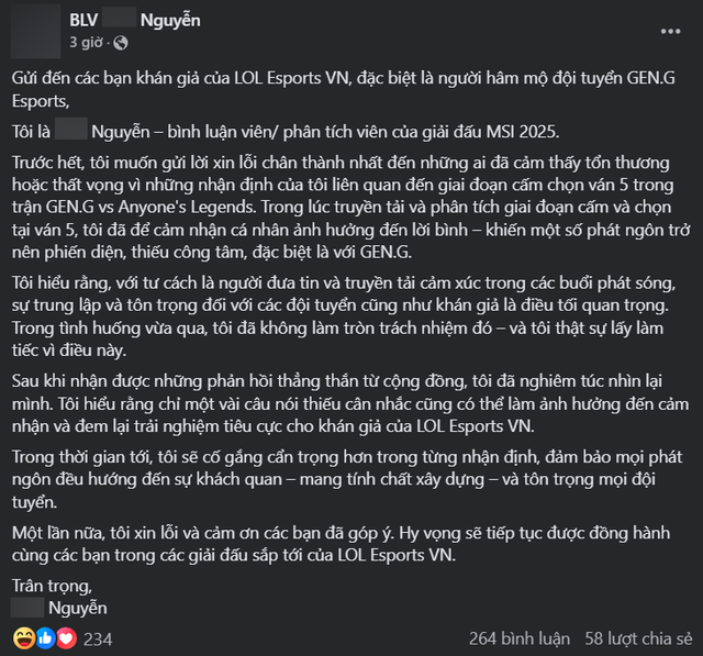 Vạ miệng về Gen.G, BLV của VCS lên tiếng vẫn bị soi
