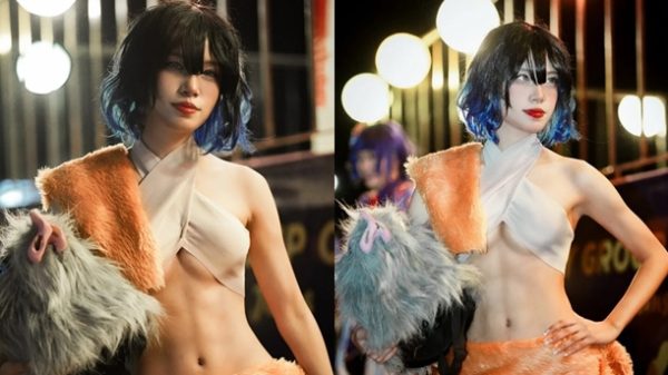 Nữ cosplayer xinh đẹp khoe sức mạnh và sự quyến rũ trong trang phục Inosuke từ Demon Slayer cosplay inosukejpg