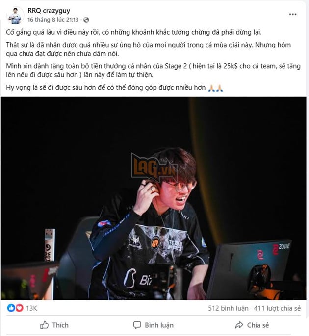 Crazyguy tiếp tục đóng góp từ thiện bằng tiền thưởng cá nhân