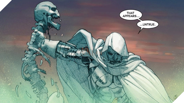 Hình ảnh về màn tái hiện lại khoảnh khắc kinh điển trong bộ truyện tranh Secret Wars năm 2015 của Marvel Comics, khi Doom hạ gục Thanos