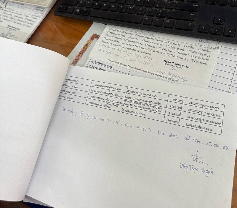 Hình ảnh biên lai thu tiền viện phí và danh sách các bệnh nhân có hoàn cảnh khó khăn được Thục Quyên đóng hộ viện phí