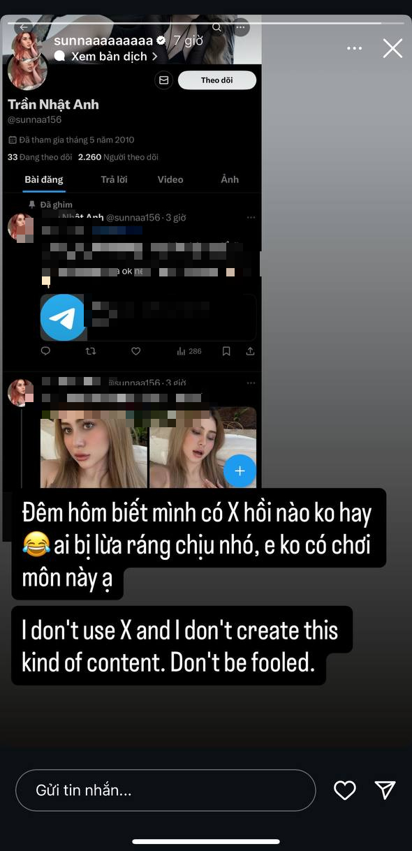 Xuất hiện tài khoản trên mạng xã hội X gắn với nội dung nhạy cảm, hot girl Sunna nói gì?- Ảnh 3.