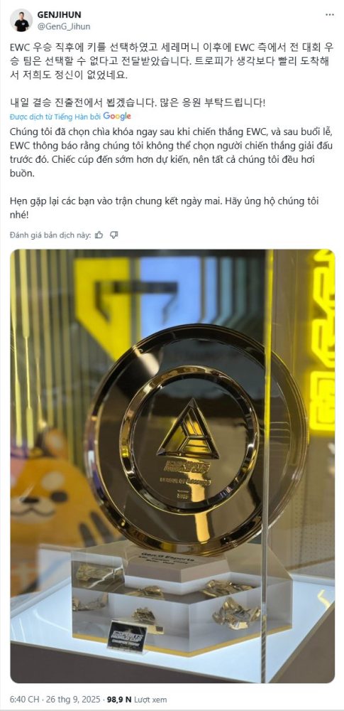 Phía Gen.G lại bất ngờ thông báo họ đã không thể chọn key của T1 sau khi vô địch EWC 2025 Phía Gen.G lại bất ngờ thông báo họ đã không thể chọn key của T1 sau khi vô địch EWC 2025