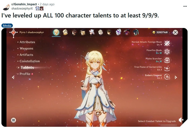 Xuat hien game thu Genshin Impact dung gan 300 trieu Mora nang Thien phu toan bo nhan vat 3 Xuất hiện game thủ Genshin Impact dùng gần 300 triệu Mora nâng Thiên phú toàn bộ nhân vật