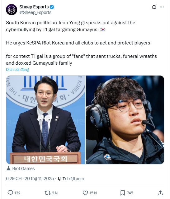 Nghị sĩ Hàn lên tiếng vụ việc của Gumayusi nhưng đây mới là