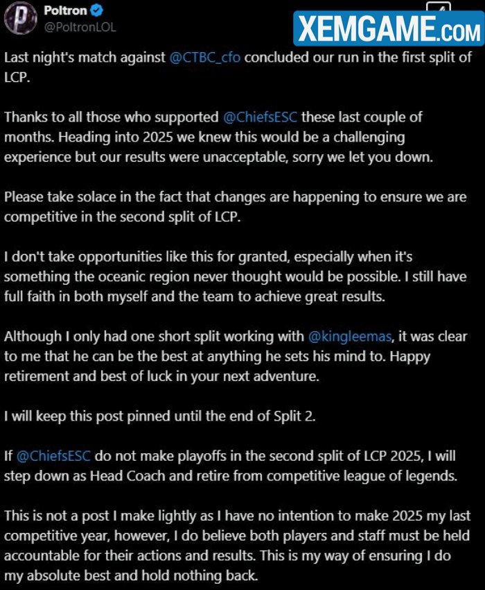 hlv-chf Thua trắng tại LCP 2025, một HLV tuyên bố nghỉ hưu nếu không vào playoffs mùa tới hlv chf