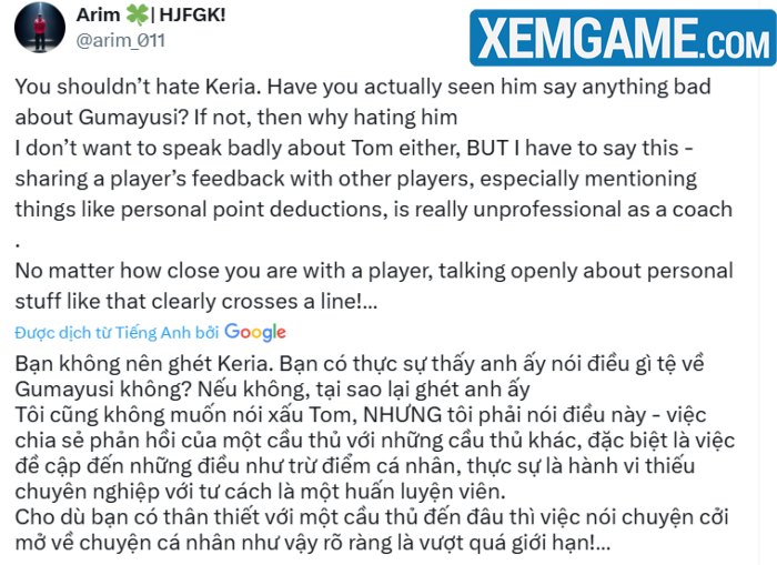 Lộ đoạn tin nhắn “feedback” của HLV T1 với Keria khiến fan Gumayusi bức xúc hlv tom keria guma 1