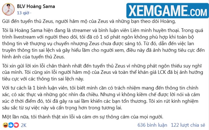 BLV Văn Tùng, Hoàng Sama chính thức xin lỗi Zeus vì phát ngôn không chuẩn mực hoang sama xin loi zeus