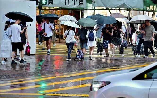Người dân di chuyển dưới trời mưa tại Hong Kong (Trung Quốc), ngày 2/8/2025 (Ảnh: THX/TTXVN)