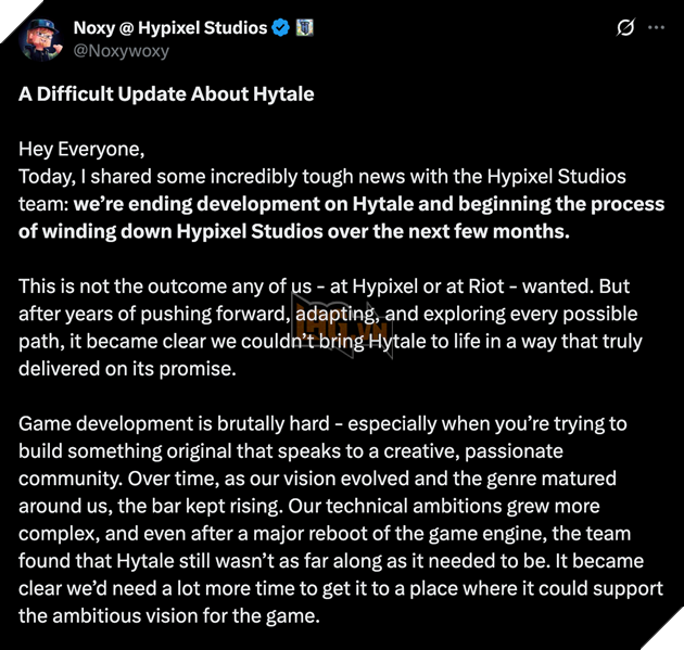 Hypixel Studio Thong Bao Ve Viec Cham Dut Qua Trinh Phat Trien Hytale Hytale đóng cửa, mang tới tin tức không mấy vui vẻ cho người hâm mộ