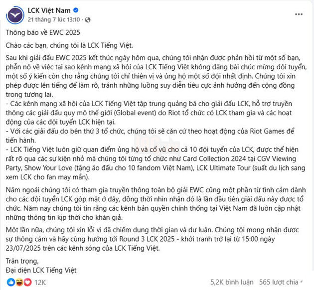 Kenh Tin Tuc LCK Chinh Thuc Tai Viet Nam Phai Len Tieng Ve Ban Quyen Esports World Cup 2025 2 Trang LCK Tiếng Việt lên tiếng khi không đăng tải bất kỳ tin tức EWC nào