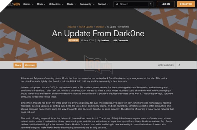 Thông báo rút lui khỏi công việc quản lý Nexus Mods của Dark0ne