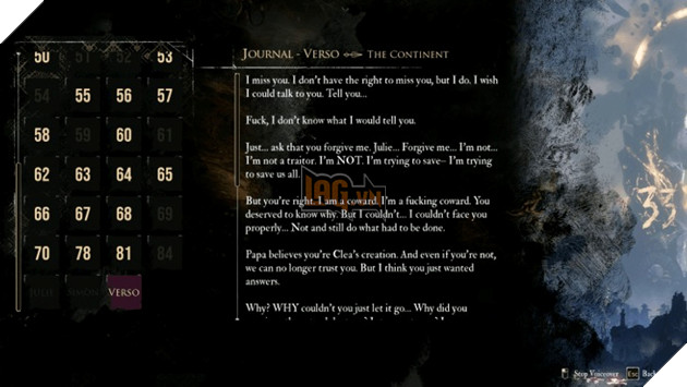 Clair Obscur: Expedition 33 Va Nghe Thuat Khai Thac Cot Truyen Bang Vat Pham 6 Nhật ký của Verso - Một trong các nhân vật chính trò chơi