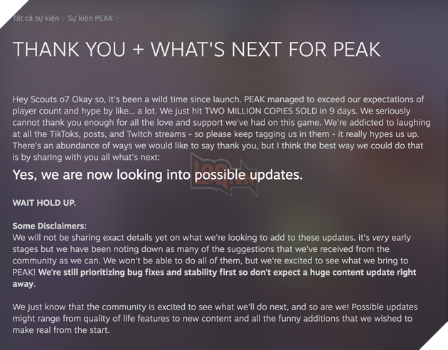 Peak chưa biết sẽ tung ra nội dung gì, nhưng họ chắc chắn sẽ thực hiện
