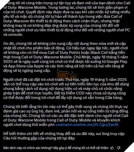 Warzone Mobile chính thức được thông báo đóng cửa sau 1 năm ra mắt