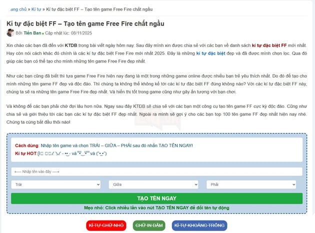 Tao Ten Game Free Fire Chat Ngau Cung Ktdb.Net – Cong Cu Tao Ten FF Ky Tu Dac Biet Hot Nhat 2025 Tạo Tên Game Free Fire Chất Ngầu Cùng Ktdb.Net Công Cụ Tạo Tên FF Ký Tự Đặc Biệt Hot Nhất 2025