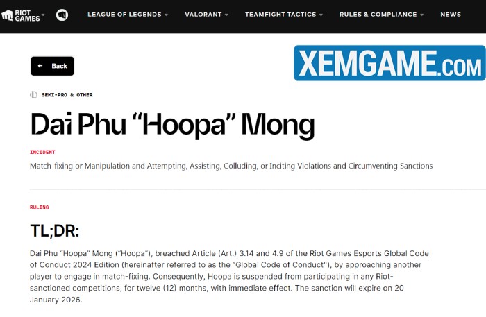 LMHT: Thêm một tuyển thủ Việt Nam bị cấm thi đấu vì dàn xếp tỉ số riot cam tuyen thu vn hoopa