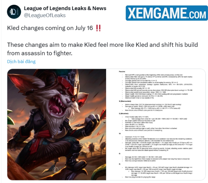 riot-cap-nhat-kled LMHT: Riot nhá hàng đợt làm lại cực mạnh cho Kled, cộng đồng hy vọng giống Naafiri riot cap nhat kled