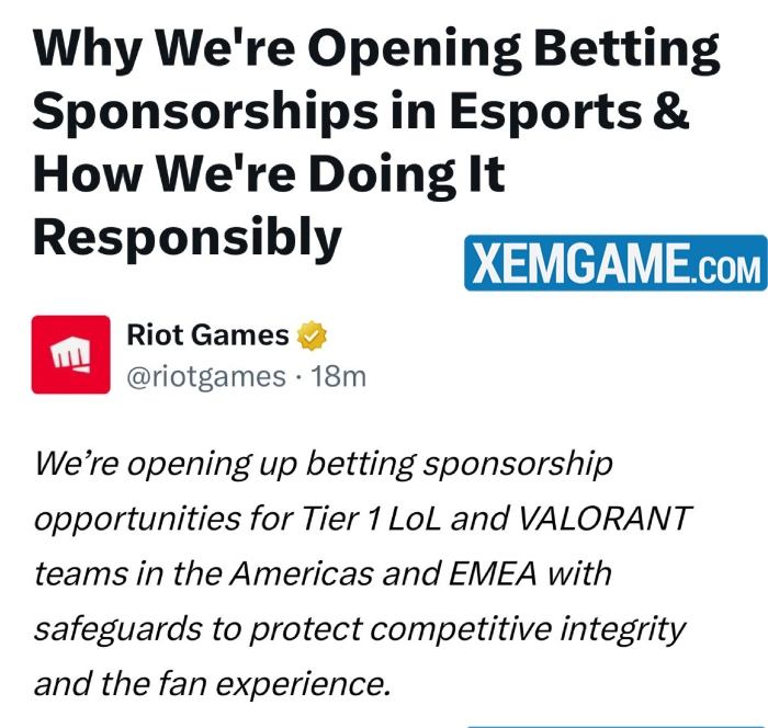 Riot Games “bật đèn xanh” cho các nhà tài trợ cá cược esports trong LMHT và VALORANT riot cho phep nha cai