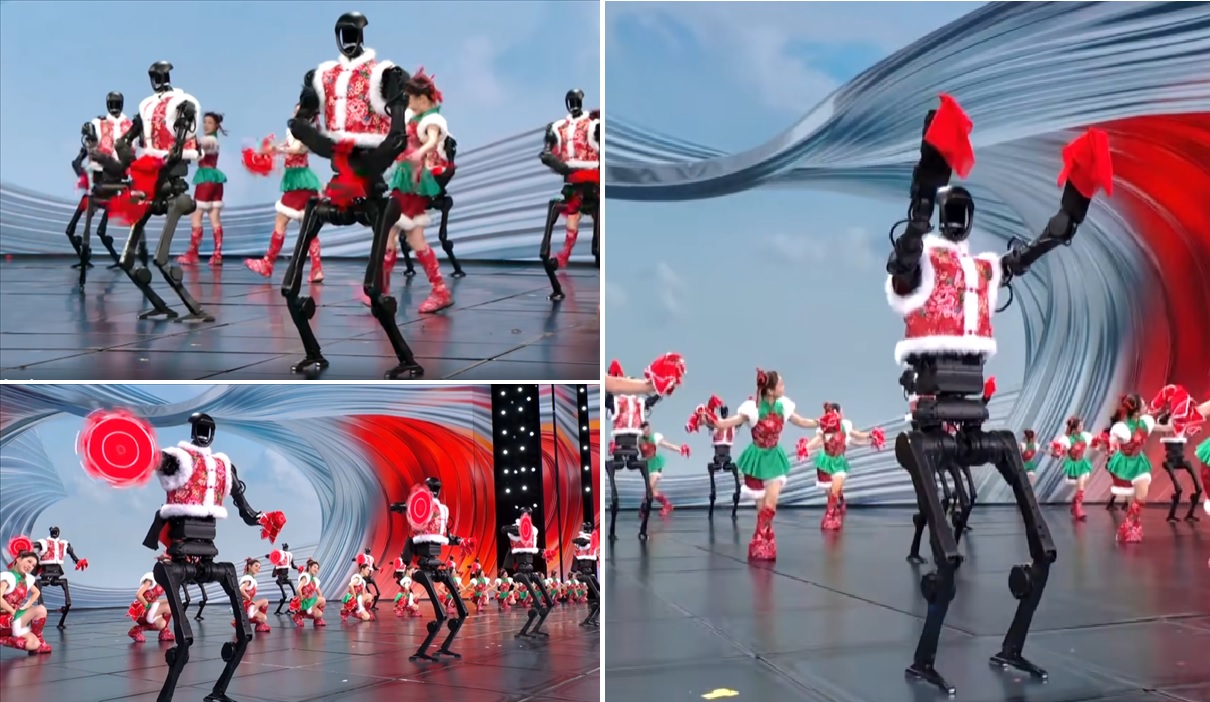 Dàn robot hình người mặc áo khoác họa tiết đỏ xếp hàng múa lụa, xoay đĩa. Ảnh: mydrivers.com Dàn robot hình người mặc áo khoác họa tiết đỏ xếp hàng múa lụa, xoay đĩa. Ảnh: mydrivers.com