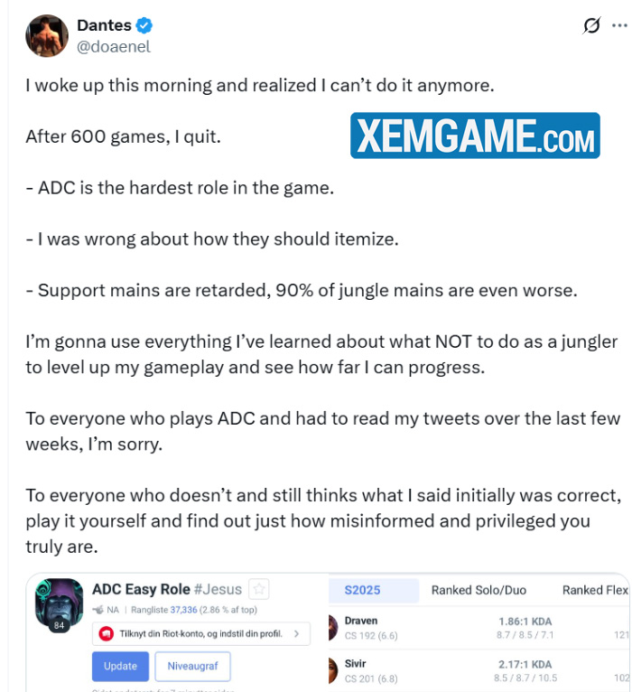 Streamer nhiều tai tiếng Dantes từ bỏ thử thách Xạ Thủ, thừa nhận đây là vai trò khó nhất LMHT sb7ess04 screenshot 5