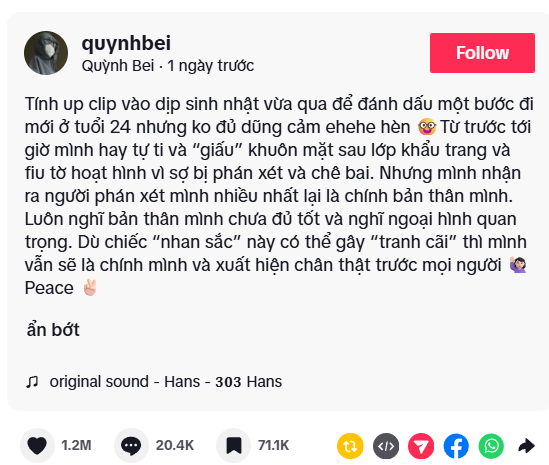 Cú kéo mặt nạ của hot girl TikTok Quỳnh Bei gây chấn động, một ngày đạt cả Cú kéo mặt nạ của hot girl TikTok Quỳnh Bei gây chấn động, một ngày đạt cả