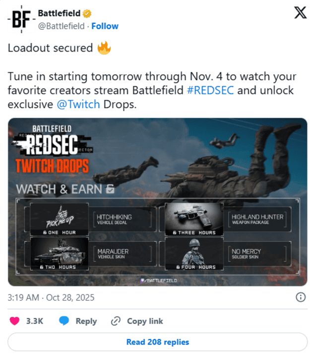 Battlefield 6 tặng skin miễn phí qua sự kiện Twitch Drops đến 4/11