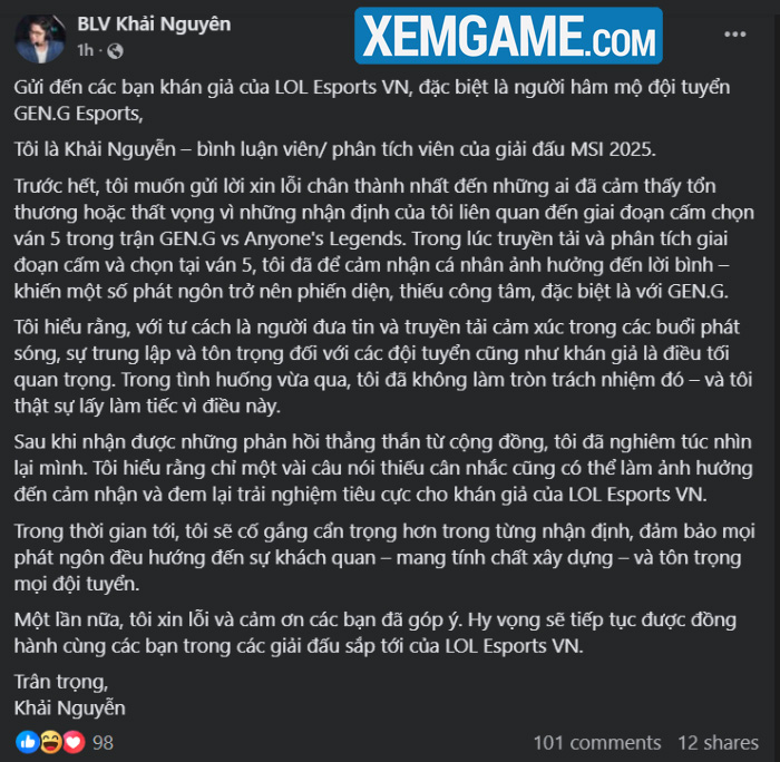 LMHT: BLV Khải Nguyễn lên tiếng xin lỗi vì “drama NPC” screenshot 1 44