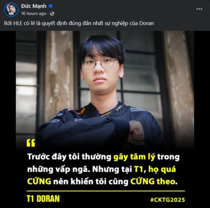LMHT: BLV Đức Mạnh bị fan HLE công kích vì bình luận liên quan đến Doran screenshot 1 7 1