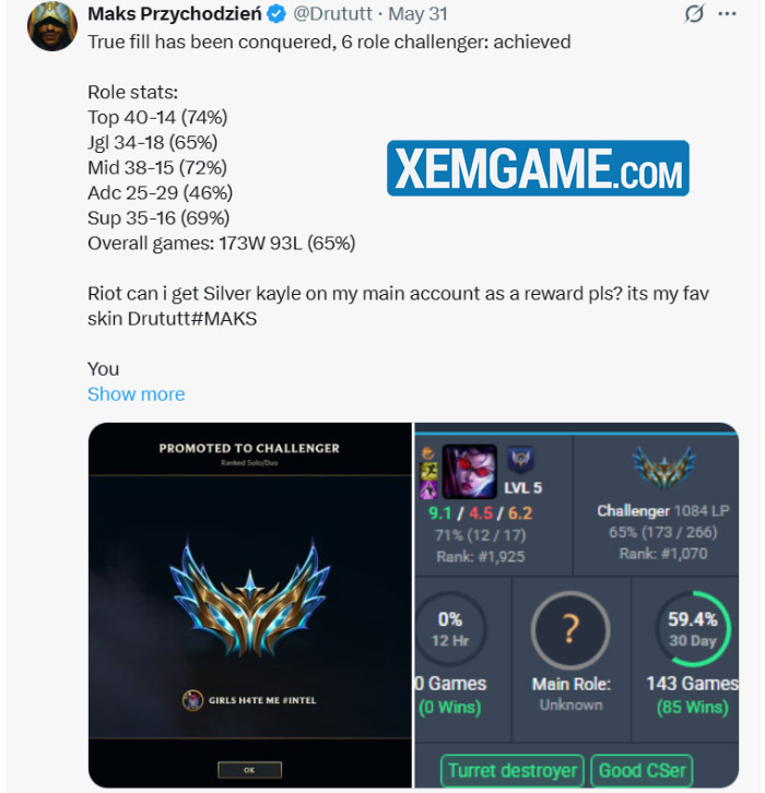 LMHT: Hoàn thành thử thách 6 vai trò lên Thách Đấu, streamer được tặng skin hiếm nhất game screenshot 2 63