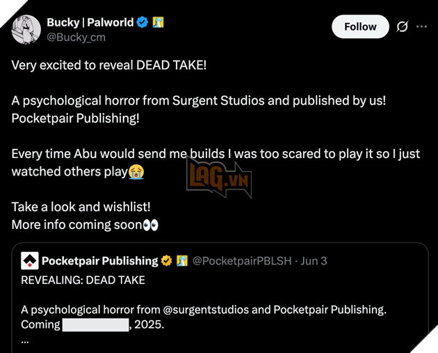 Dead Take - Tua Game Kinh Di Sap Ra Mat Do Cha De Cua Palworld Phat Trien 2 quản lý cộng đồng của Palworld quá sợ hãi để chơi game này