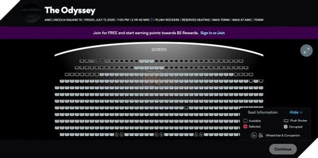 Sau 20 phút mở bán, suất chiếu The Odyssey tại AMC Lincoln Square 13 (New York) vào ngày 17/7/2026 chỉ còn ghế hàng đầu tiên.