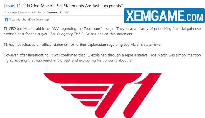 T1 bất ngờ “đẩy trách nhiệm” cho CEO Joe Marsh về drama Zeus: “Tất cả chỉ là sự đánh giá chủ quan” t1 day trach nhiem cho ceo joe