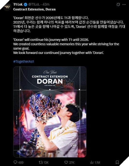 LMHT: T1 Chinh Thuc Tai Ky Hop Dong 1 Nam Voi Duong Tren Doran LMHT: T1 Chính Thức Tái Ký Hợp Đồng 1 Năm Với Đường Trên Doran