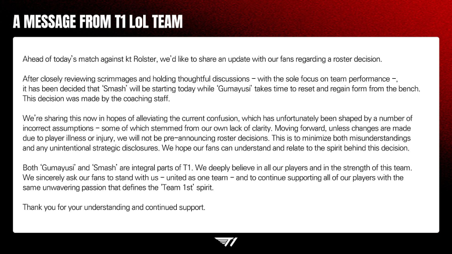 Gumayusi dự bị, Smash đánh chính trong đại chiến viễn thông T1 vs KT 2025 t1 kt thong bao