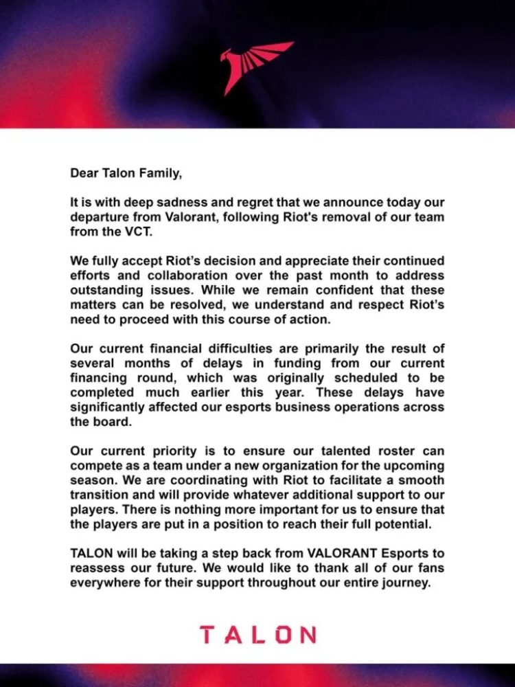 talon-riot Riot Games loại TALON khỏi VCT Pacific và LCP: Dấu chấm hết cho một mô hình Esports thiếu bền vững talon riot