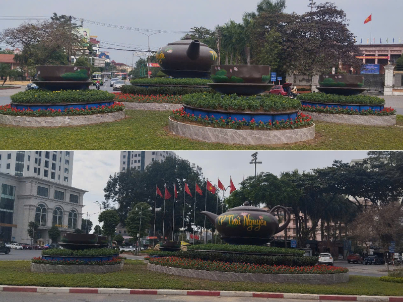 Mô hình 3 tách trà và chiếc ấm được đặt ở trung tâm TP. Thái Nguyên (cũ)