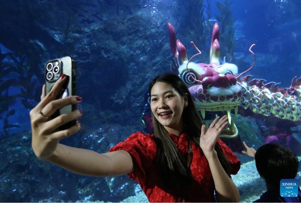 Thợ lặn biểu diễn múa lân tại SEA LIFE Bangkok Ocean World để chào mừng năm mới 2025. Ảnh: Tân Hoa Xã Thợ lặn biểu diễn múa lân tại SEA LIFE Bangkok Ocean World để chào mừng năm mới 2025. Ảnh: Tân Hoa Xã
