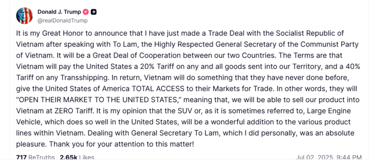 Tổng thống Trump thông báo Mỹ đạt thỏa thuận thương mại với Việt Nam- Ảnh 2.