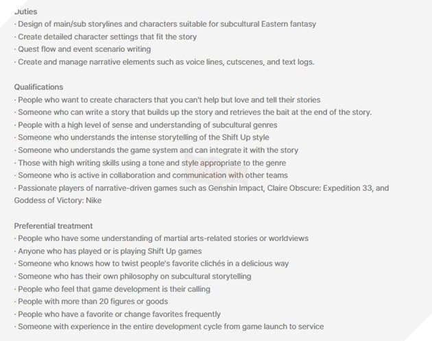 Shift Up He Lo Hinh Anh Dau Tien Cua Du An Tiep Noi Sau Stellar Blade 3 Genshin Impact, Clair Obscur: Expedition 33 được nhắc đến trong yêu cầu tuyển dụng