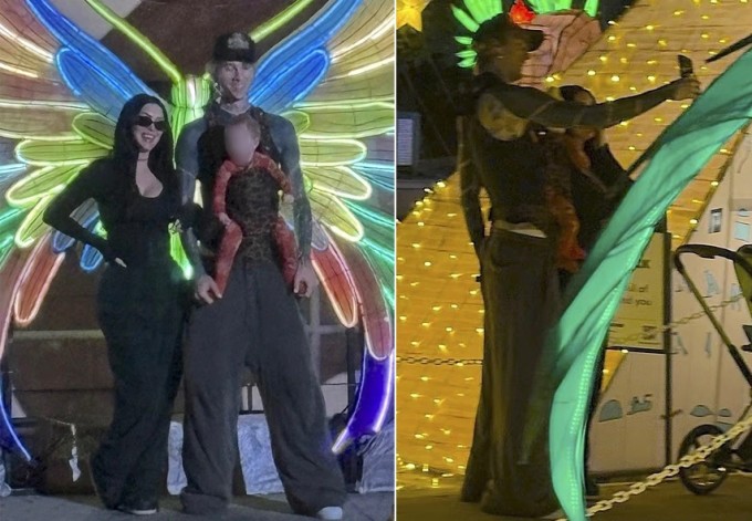 Megan Fox và Machine Gun Kelly khoác tay nhau chụp hình khi đi xem lễ hội ánh sáng vào tháng 11/2025. Ảnh: Backgrid