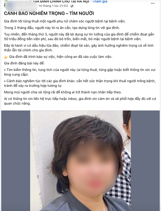 Chị Khánh đăng cảnh báo mọi người về việc giúp việc lừa tiền của gia đình lên mạng xã hội. Ảnh chụp màn hình