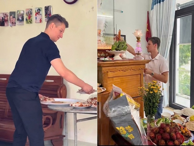 Chàng rể người Đức giúp bố mẹ vợ chuẩn bị mâm cúng Tết 